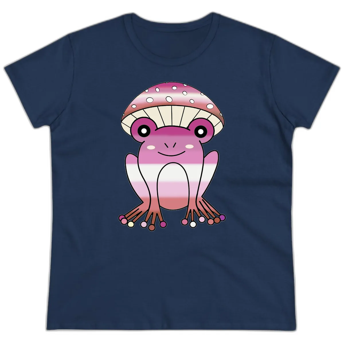 Cute Pink Mushroom Toad Character Ladies Tee in Navy