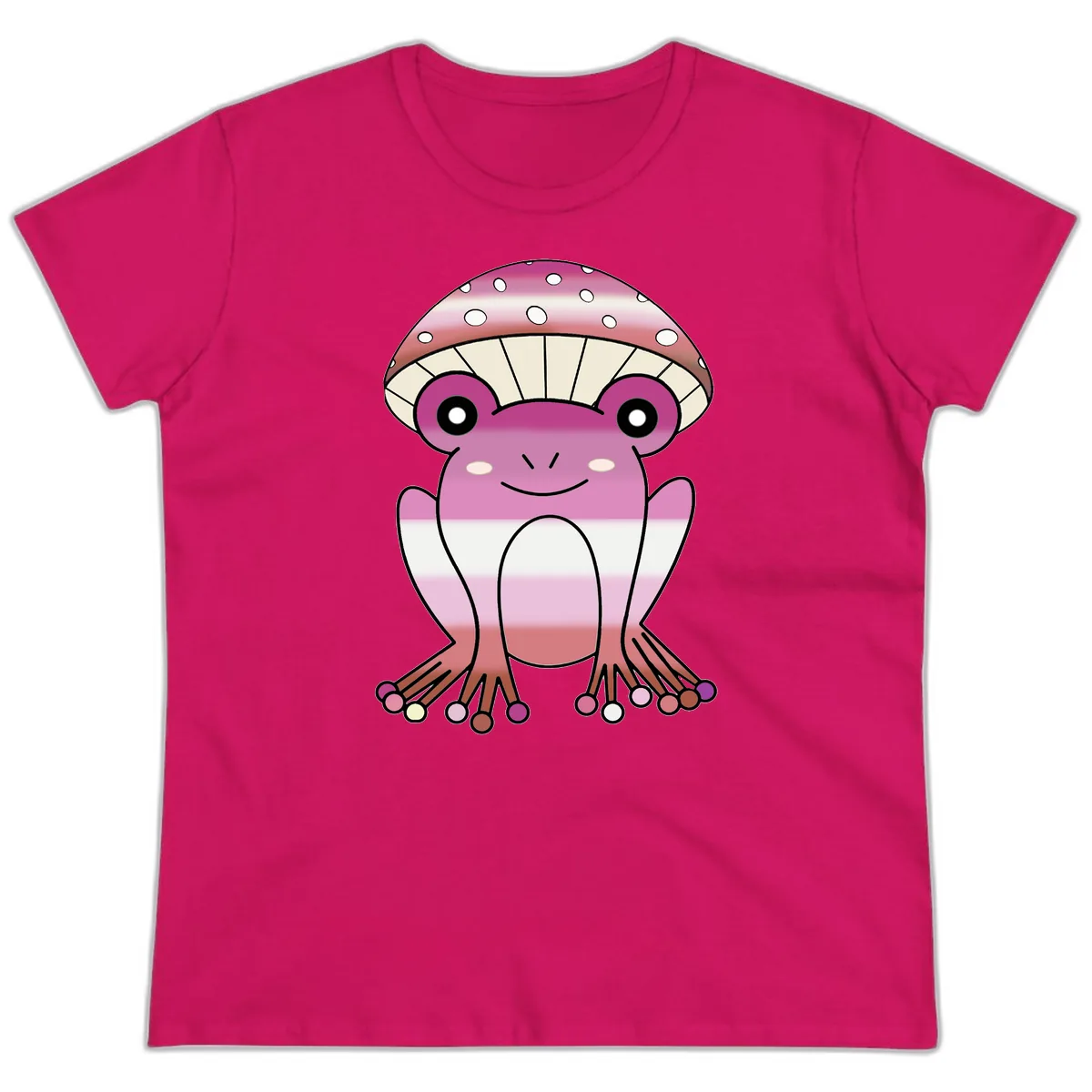 Cute Pink Mushroom Toad Character Ladies Tee in Heliconia