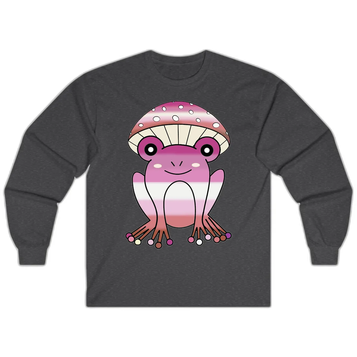 Cute Pink Mushroom Toad Character Long Sleeve in Dark Heather