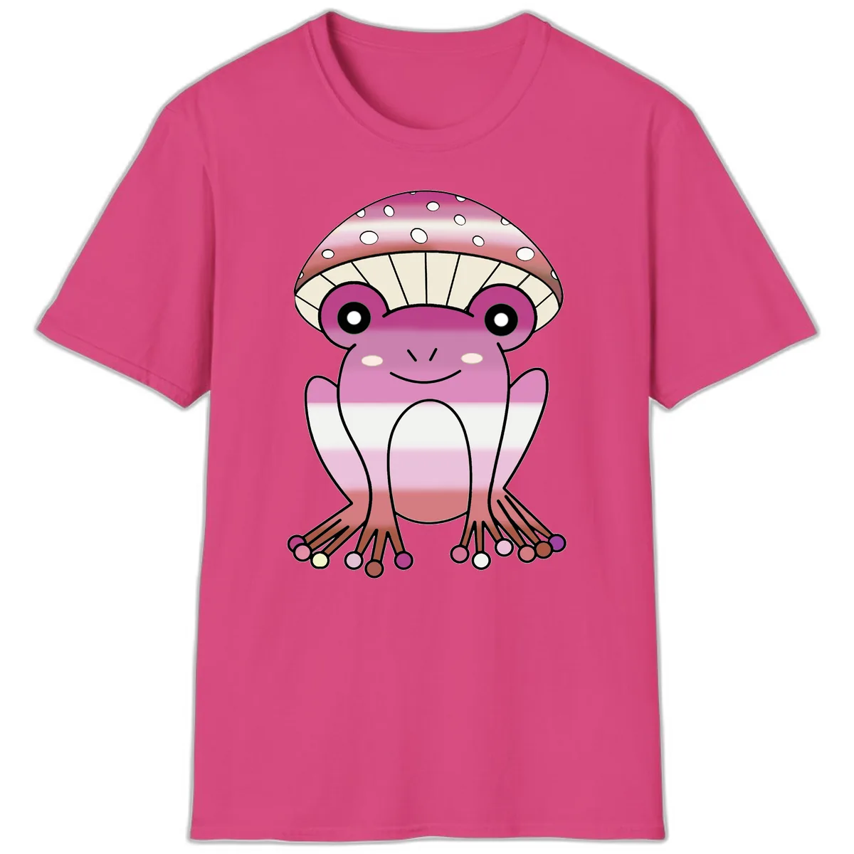 Cute Pink Mushroom Toad Character T-Shirt in Heliconia