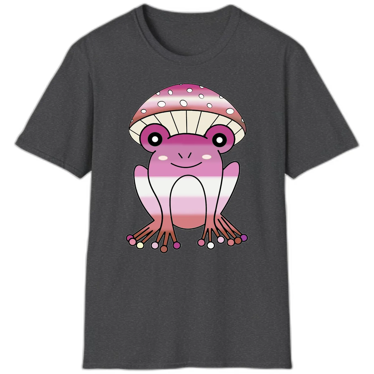 Cute Pink Mushroom Toad Character T-Shirt in Dark Heather
