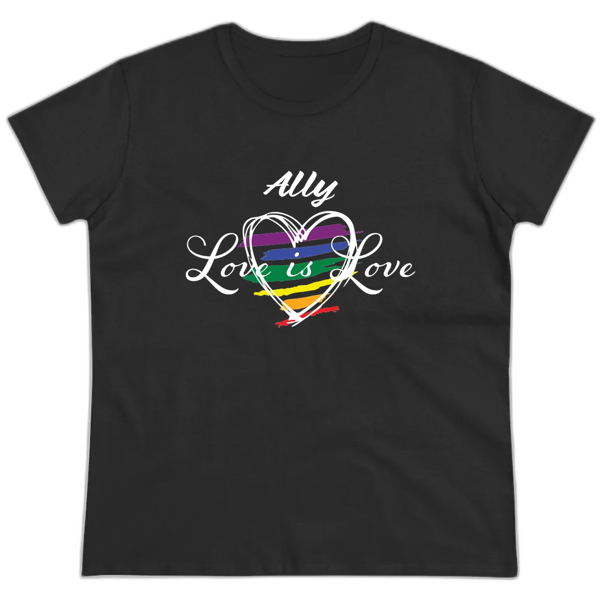 Ally Love Is Love Pride Heart Ladies Tee in Black