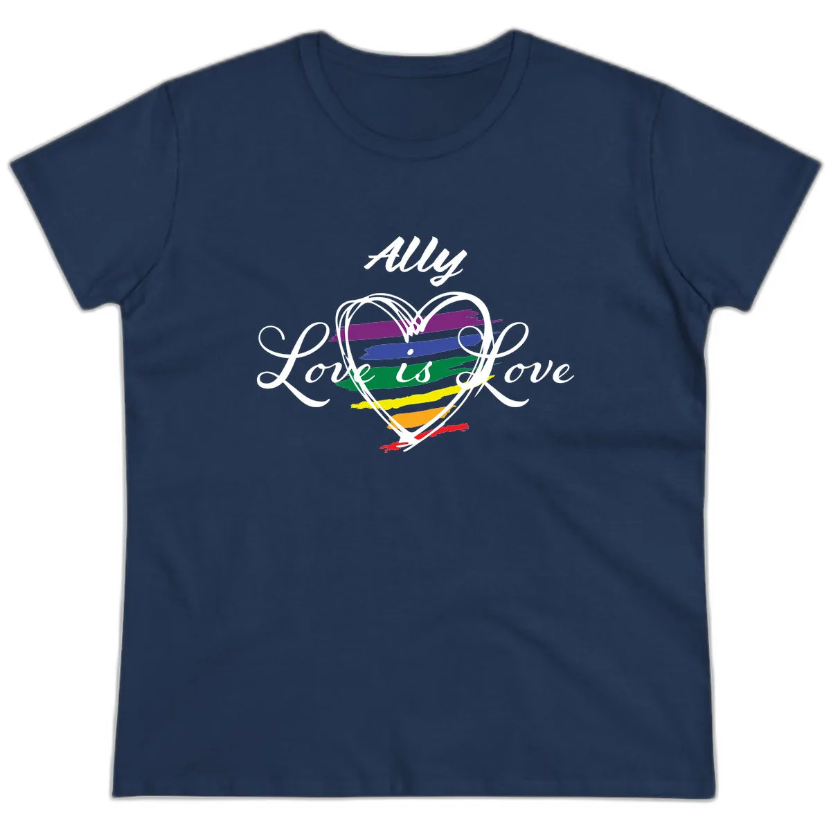 Ally Love Is Love Pride Heart Ladies Tee in Navy
