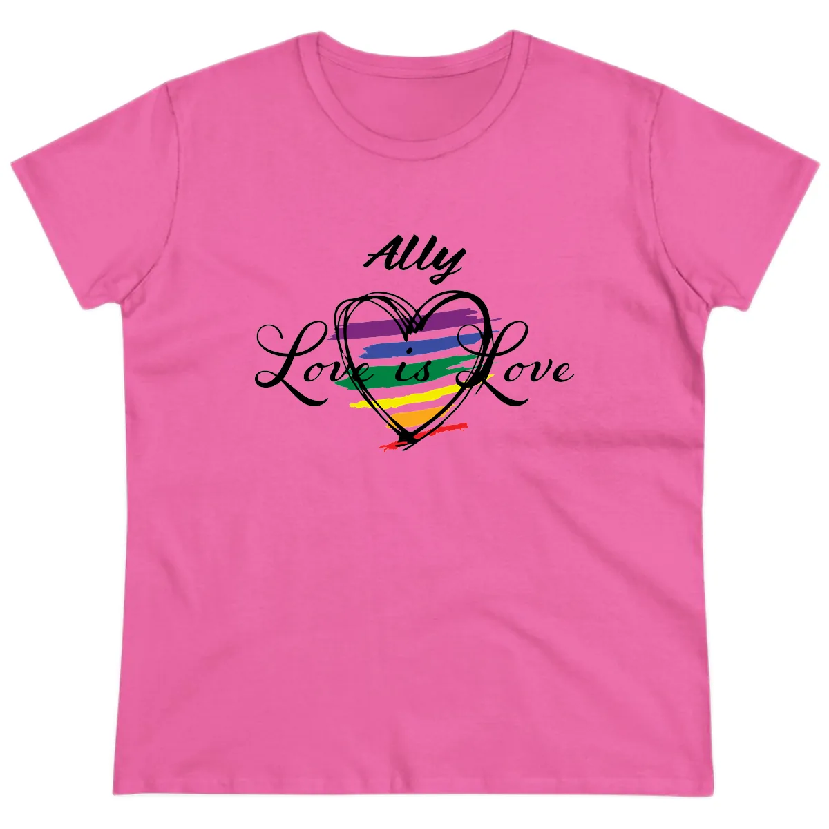 Ally Love Is Love Pride Heart Ladies Tee in Azalea