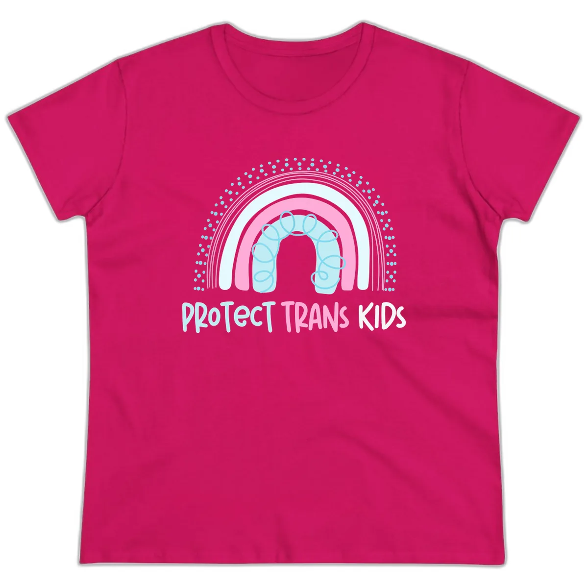 Protect Trans Kids Rainbow Ladies Tee in Heliconia