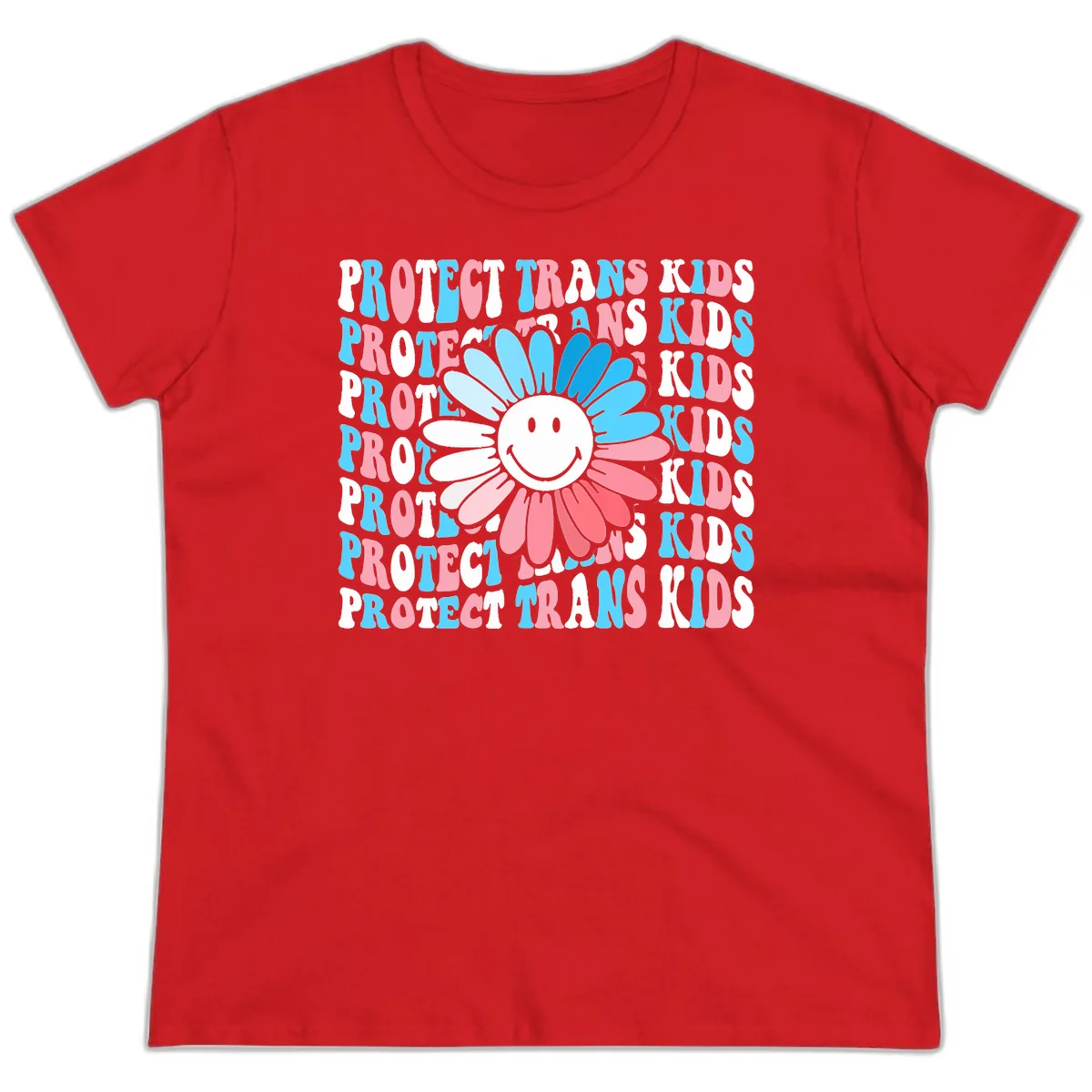 Protect Trans Kids Daisy Flower Ladies Tee in Red
