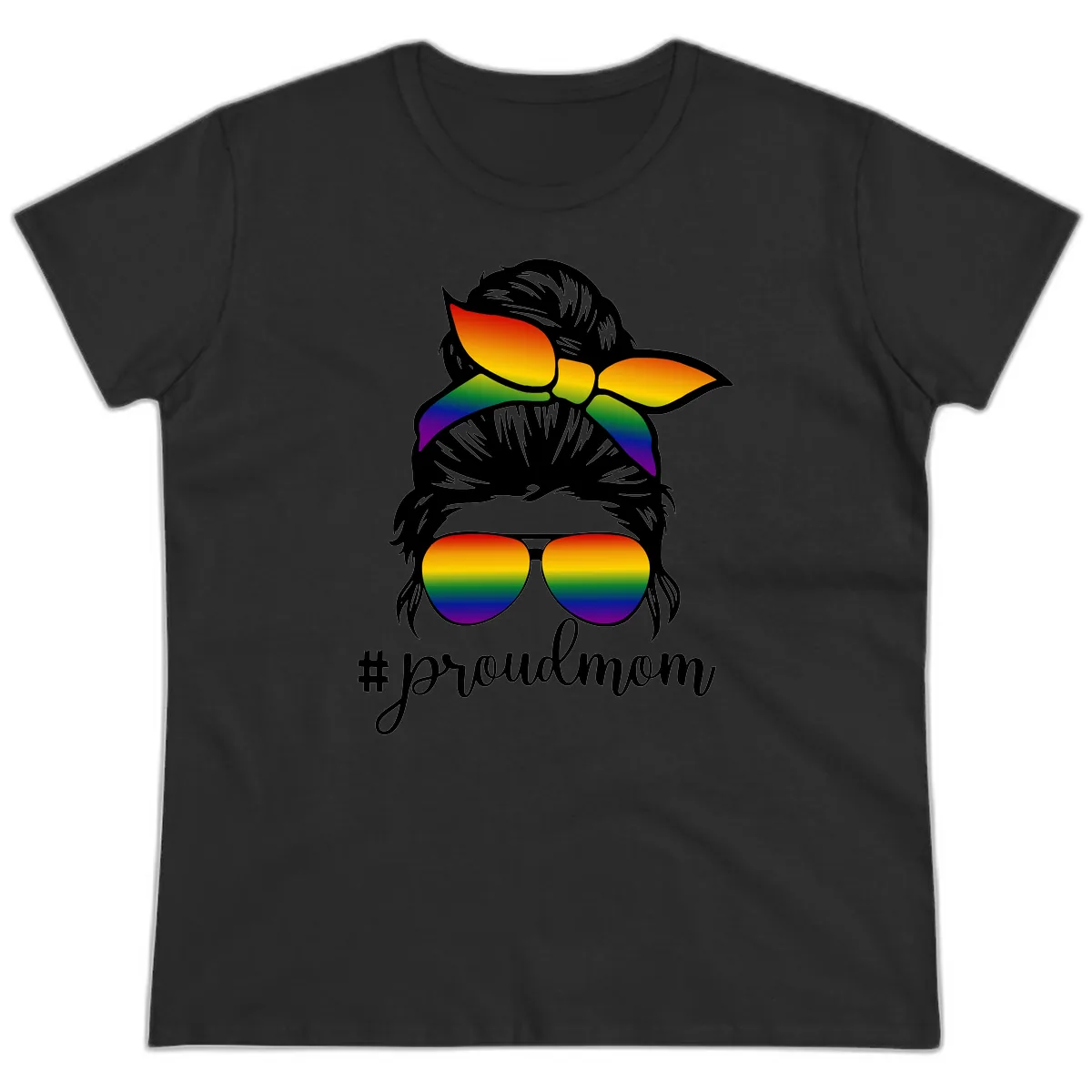 Proud Mom Rainbow Hair Ladies Tee in Black