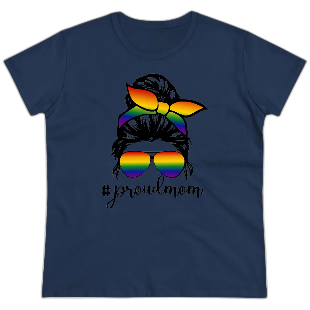 Proud Mom Rainbow Hair Ladies Tee in Navy