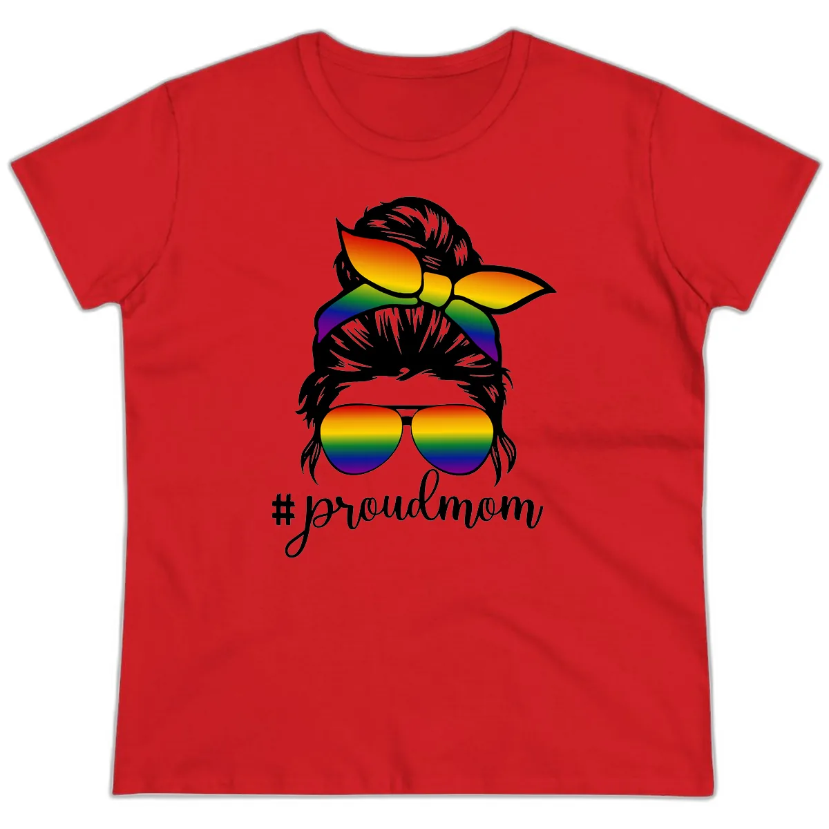 Proud Mom Rainbow Hair Ladies Tee in Red