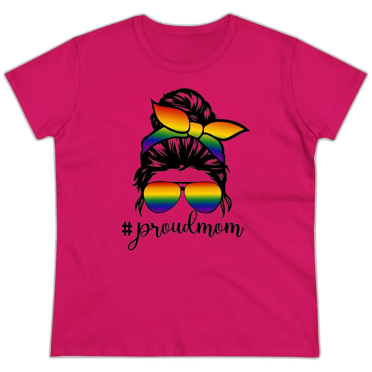 Proud Mom Rainbow Hair Ladies Tee in Heliconia