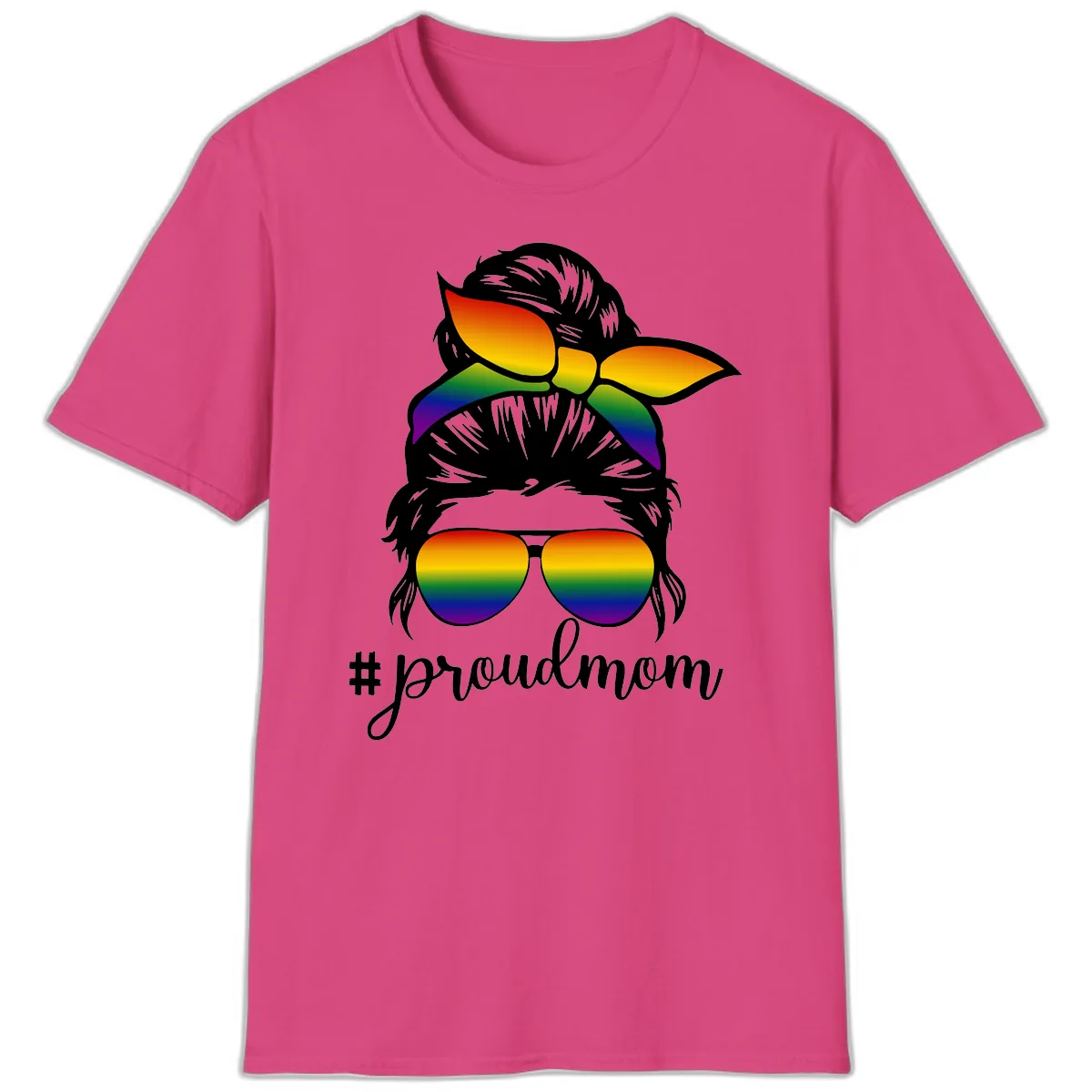 Proud Mom Rainbow Hair T-Shirt in Heliconia