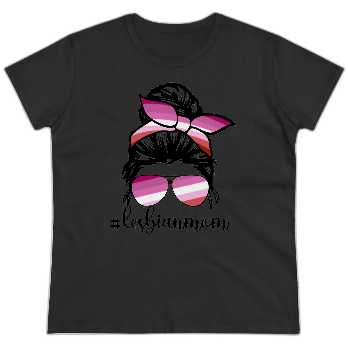 Lesbian Mom Pride Hair & Glasses Ladies Tee in Black