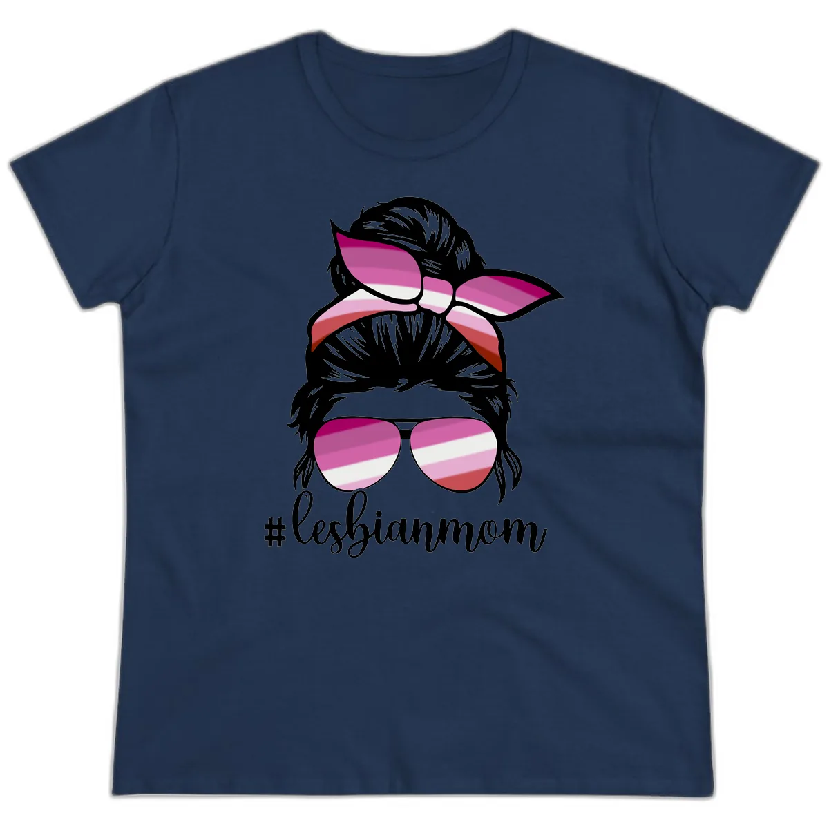 Lesbian Mom Pride Hair & Glasses Ladies Tee in Navy