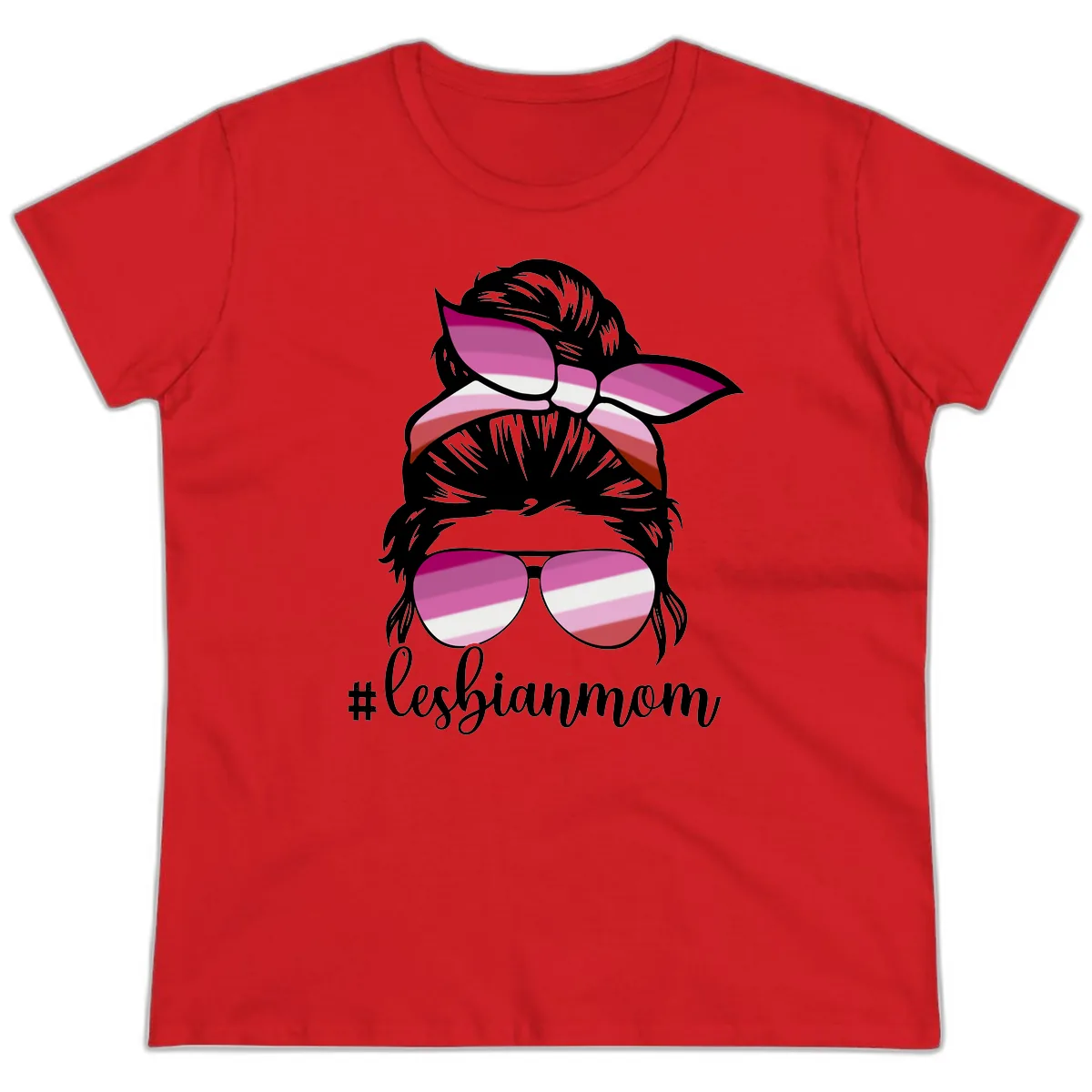 Lesbian Mom Pride Hair & Glasses Ladies Tee in Red