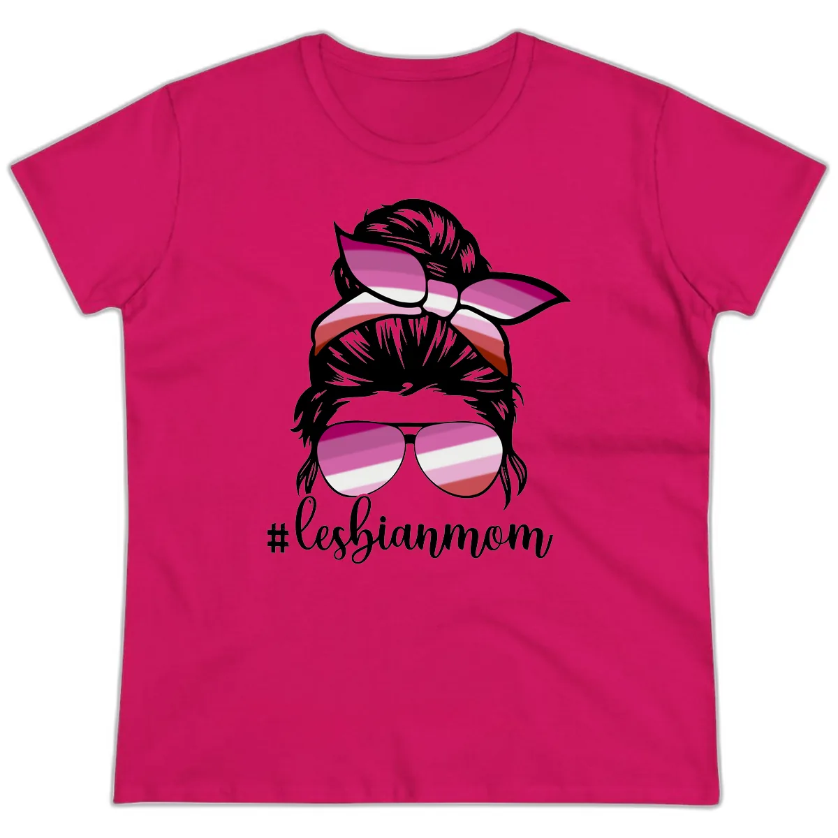 Lesbian Mom Pride Hair & Glasses Ladies Tee in Heliconia