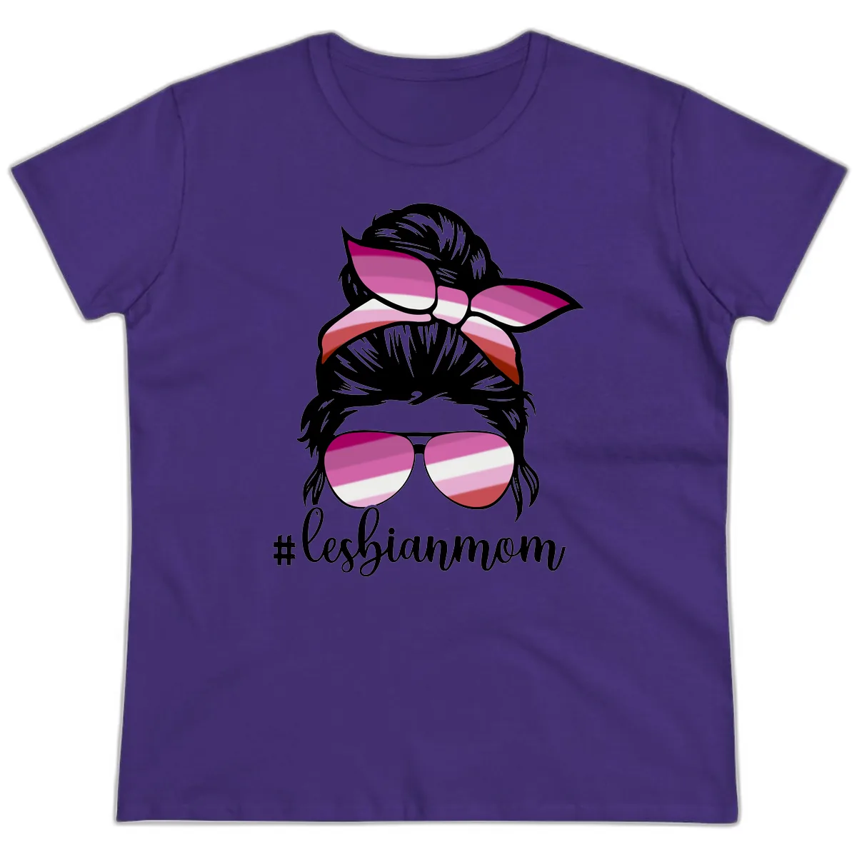Lesbian Mom Pride Hair & Glasses Ladies Tee in Purple