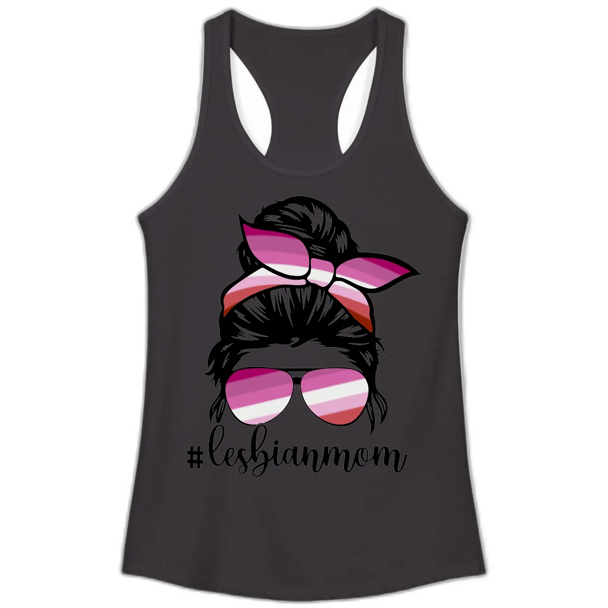 Lesbian Mom Pride Hair & Glasses Ladies Tank in Black