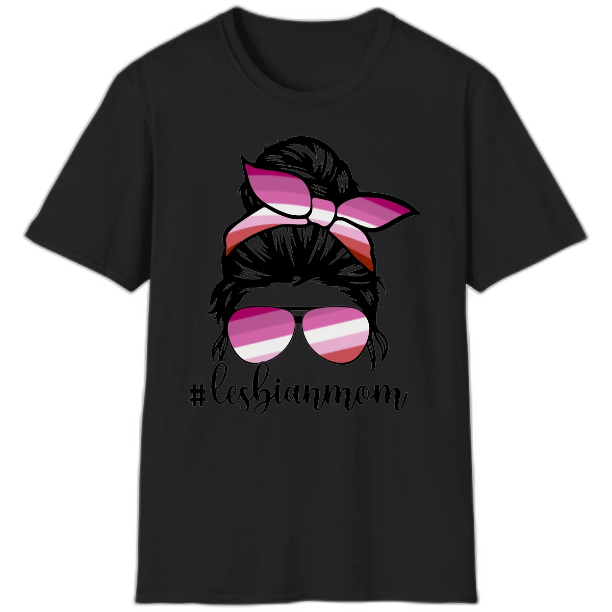 Lesbian Mom Pride Hair & Glasses T-Shirt in Black