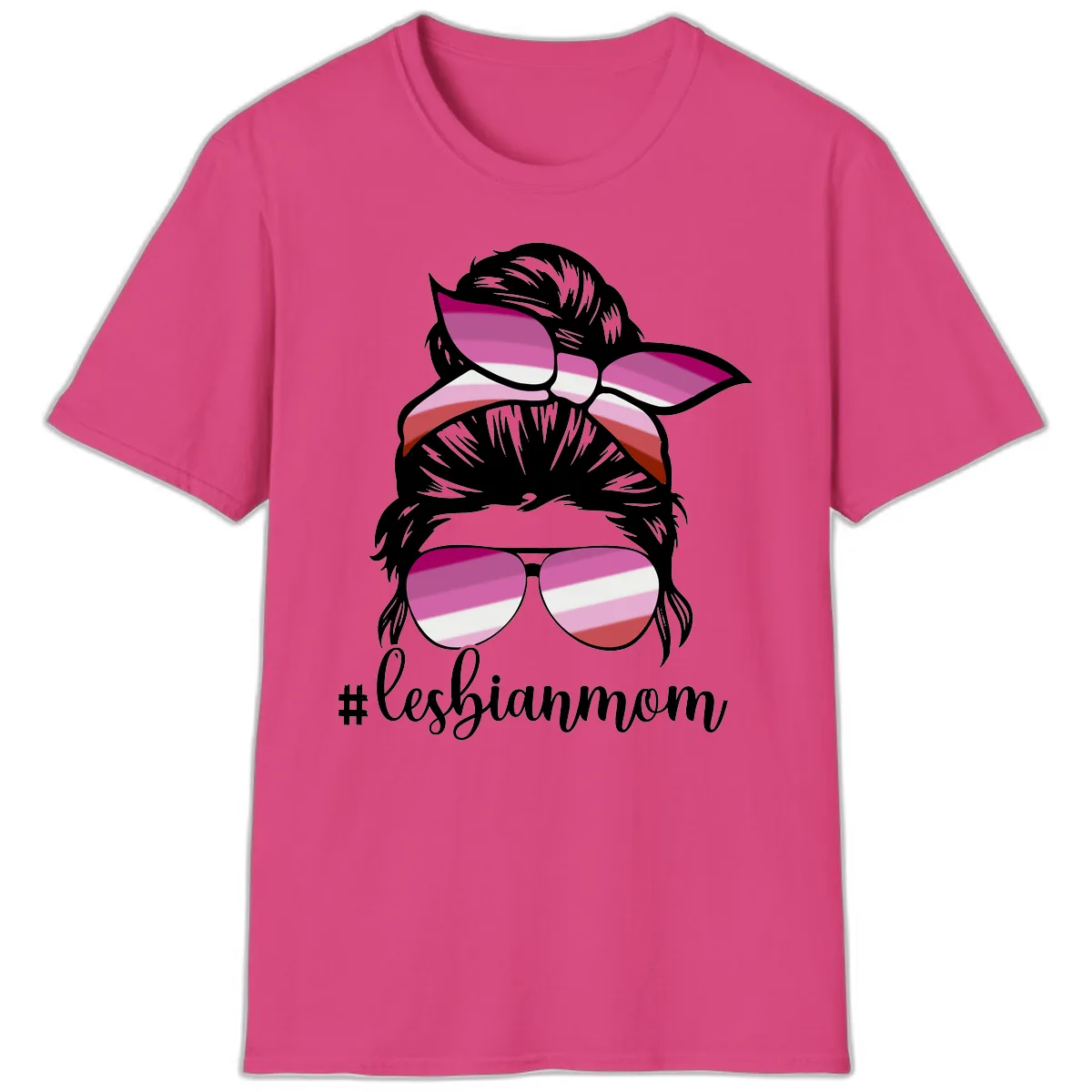 Lesbian Mom Pride Hair & Glasses T-Shirt in Heliconia