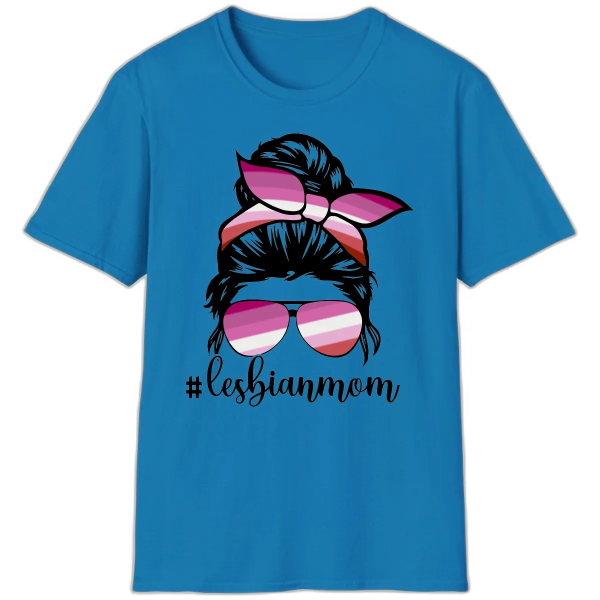 Lesbian Mom Pride Hair & Glasses T-Shirt in Sapphire