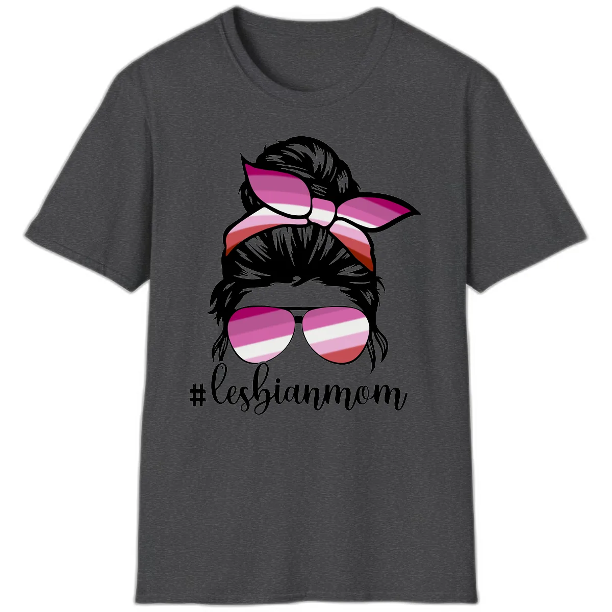 Lesbian Mom Pride Hair & Glasses T-Shirt in Dark Heather