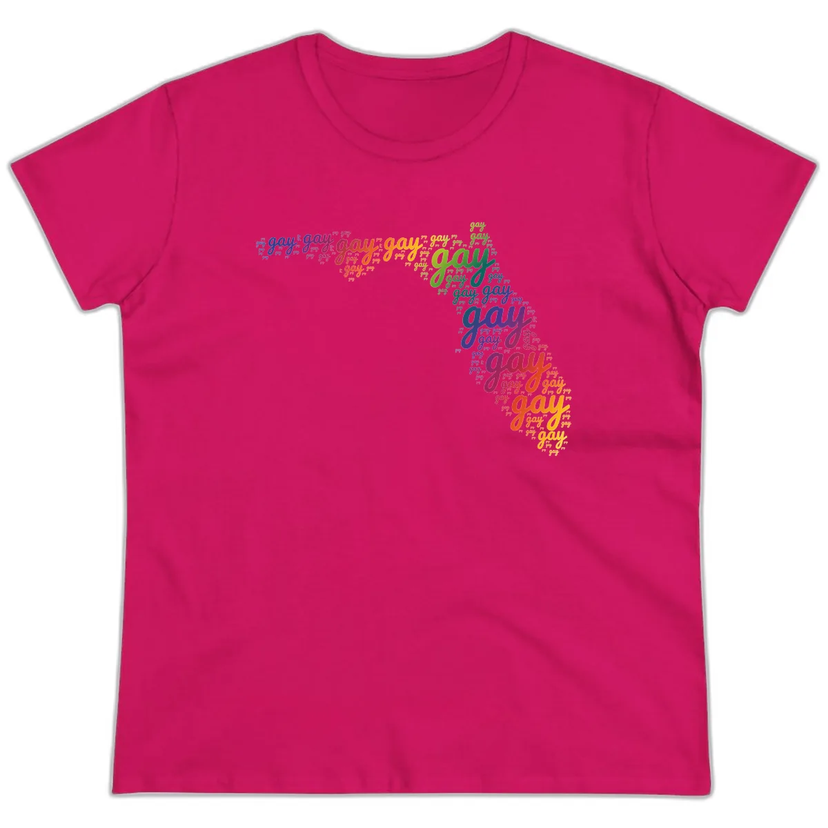 Rainbow Gay Pride Word Cloud Ladies Tee in Heliconia
