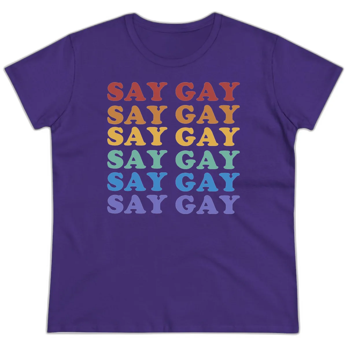 Say Gay Rainbow Pride Statement Ladies Tee in Purple