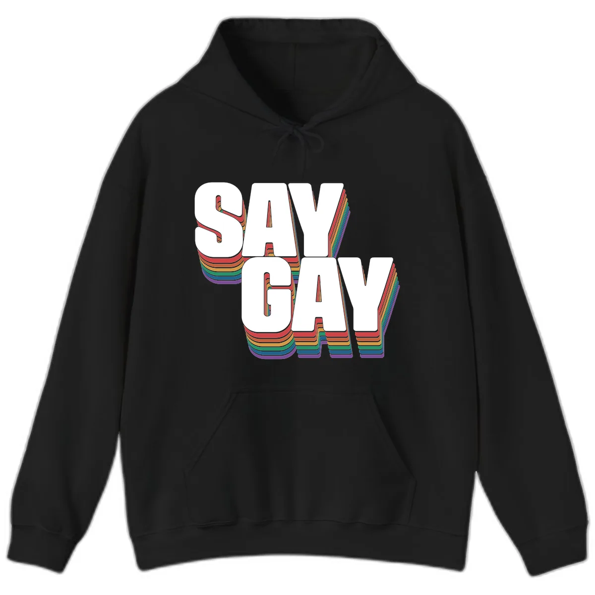 Say Gay Pride Rainbow Typography Hoodie in Black