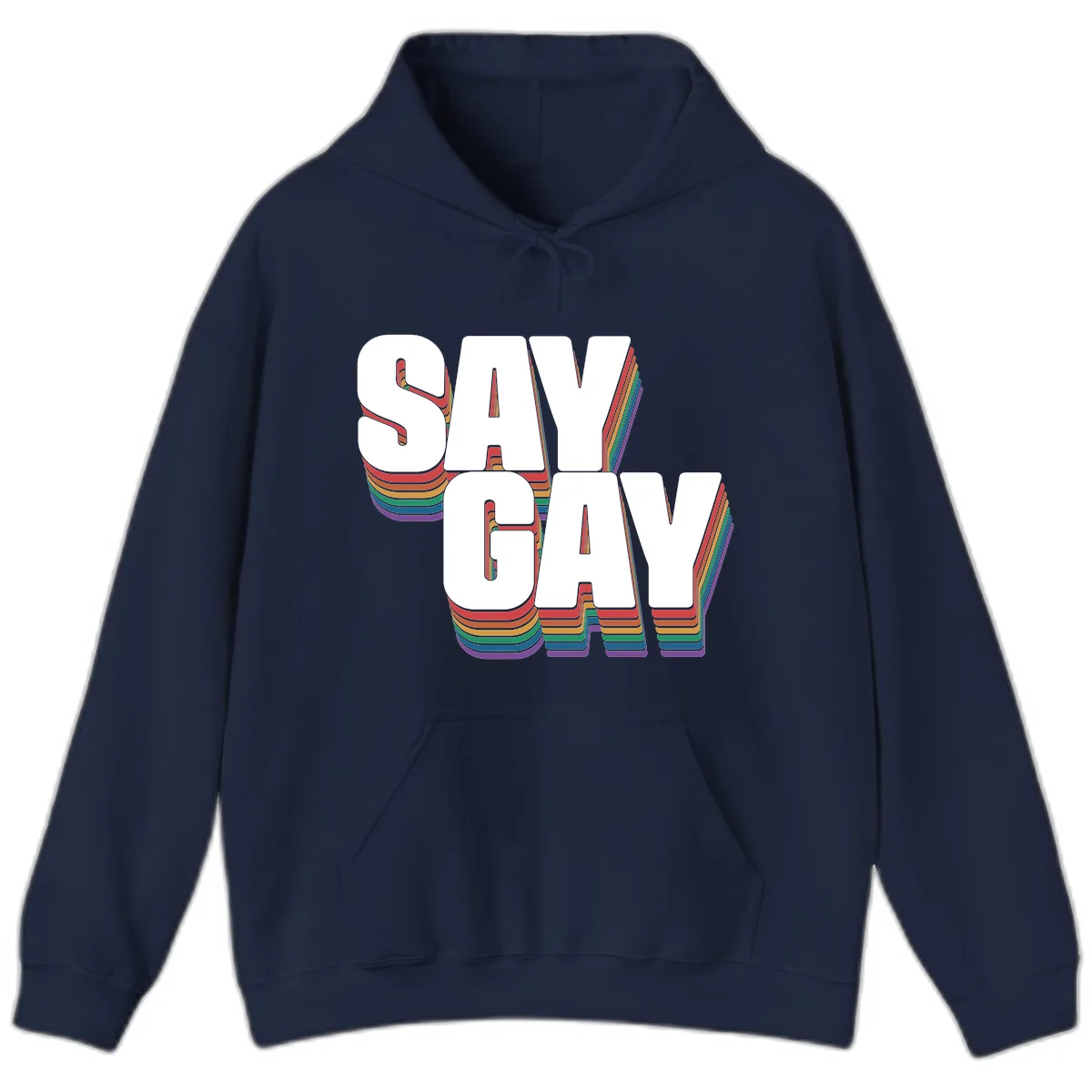 Say Gay Pride Rainbow Typography Hoodie in Navy