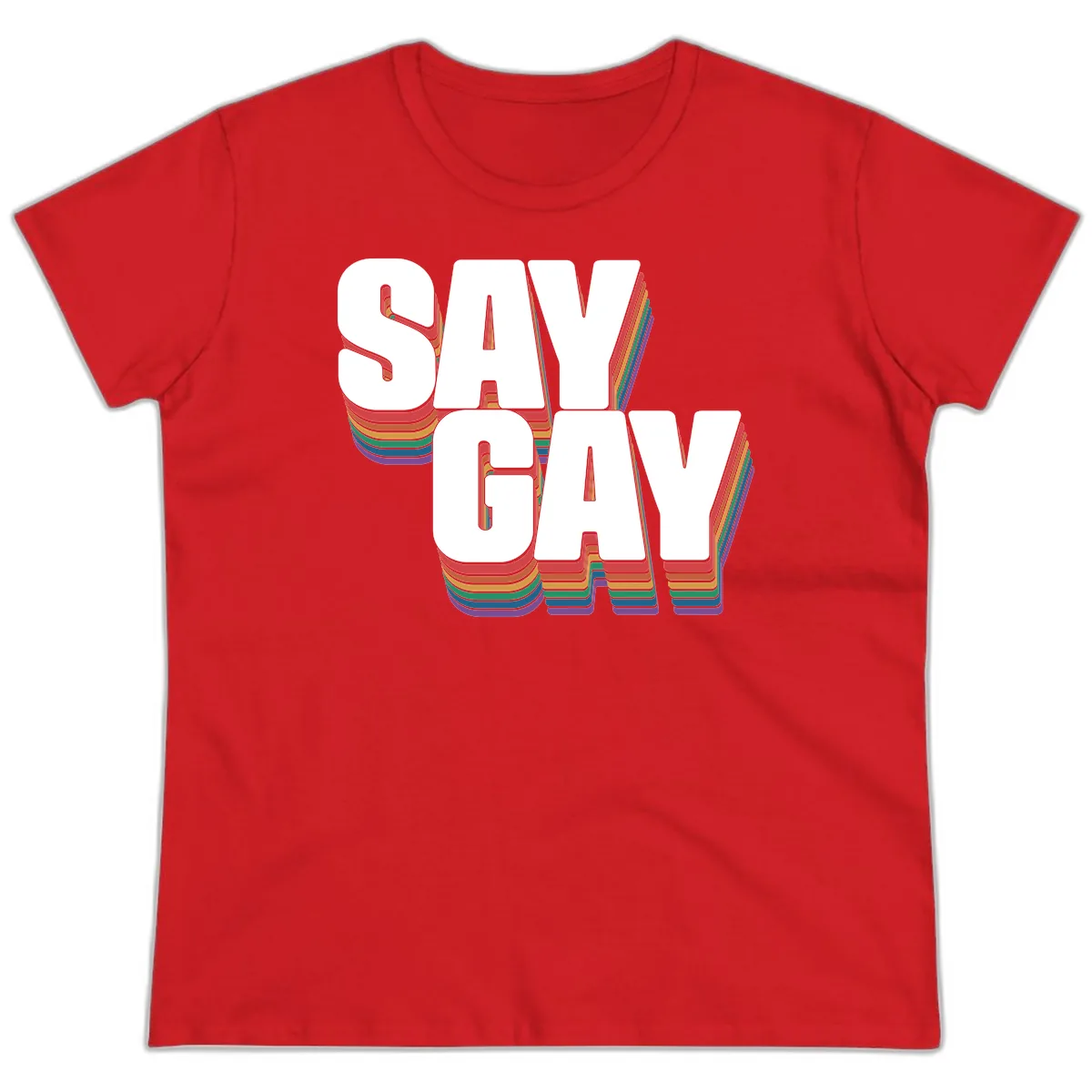 Say Gay Pride Rainbow Typography Ladies Tee in Red