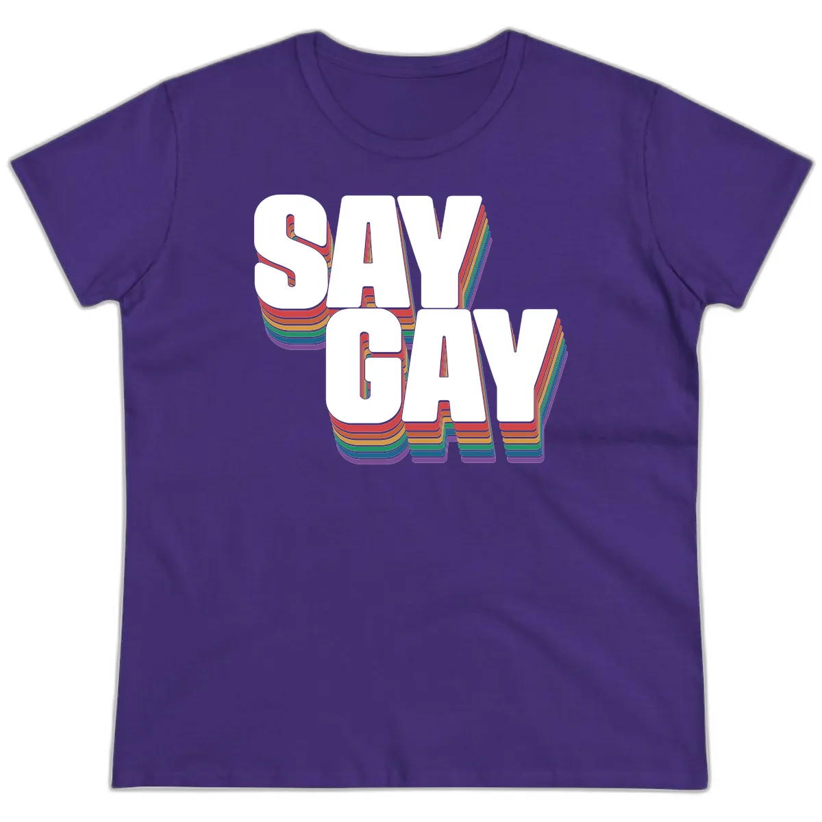 Say Gay Pride Rainbow Typography Ladies Tee in Purple