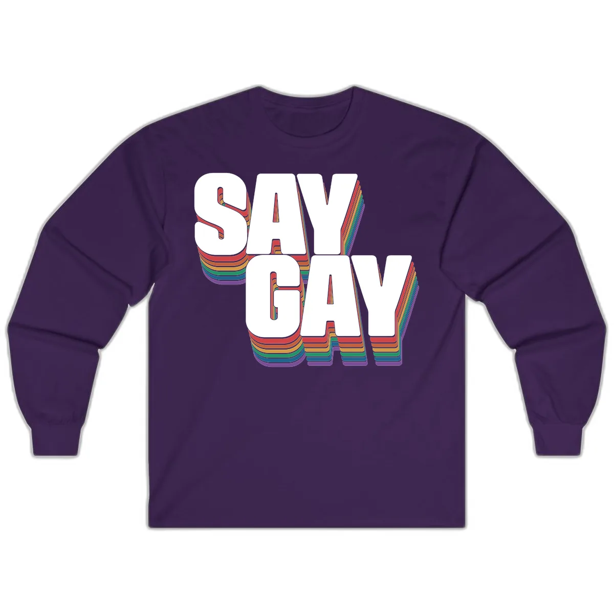 Say Gay Pride Rainbow Typography Long Sleeve in Purple
