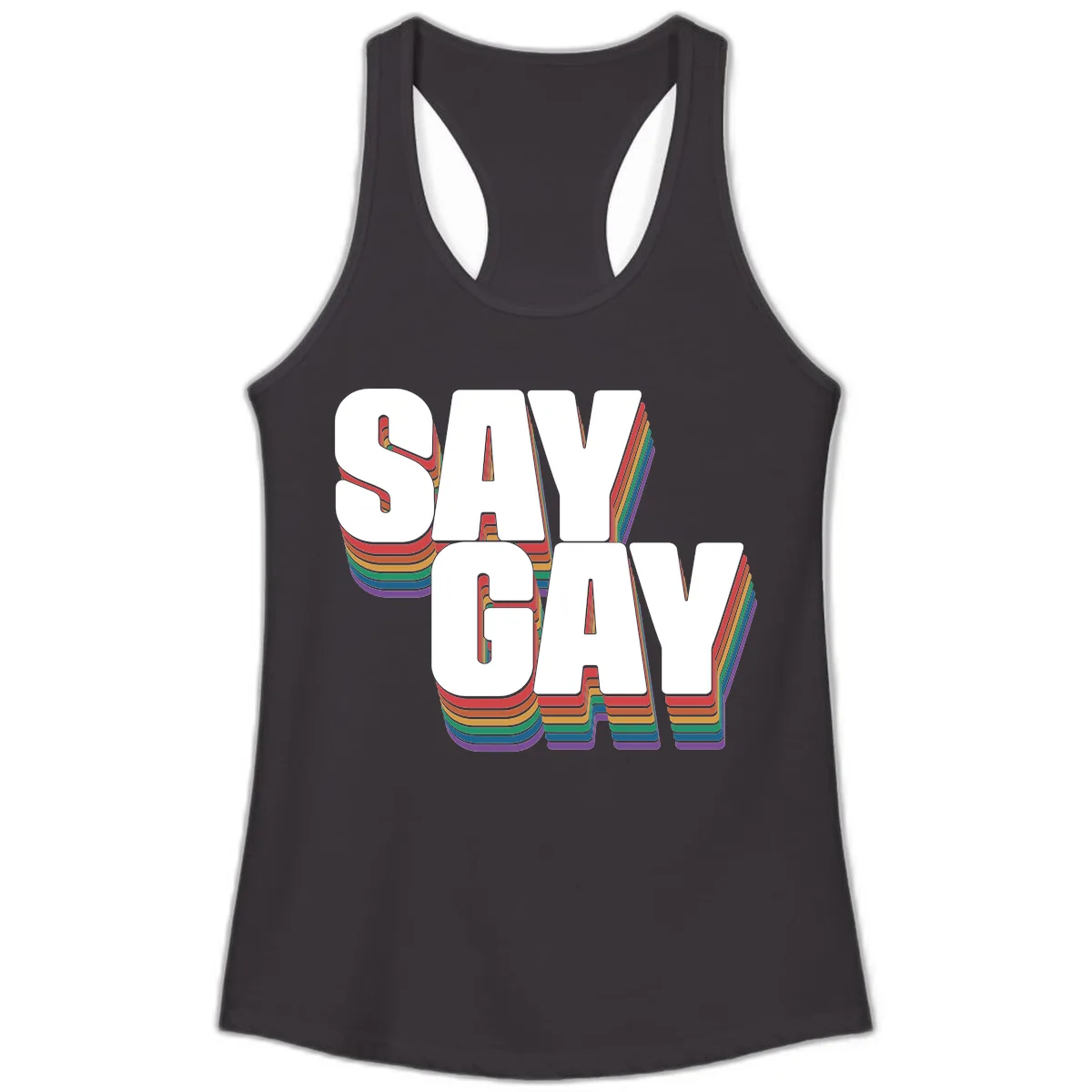 Say Gay Pride Rainbow Typography Ladies Tank in Black