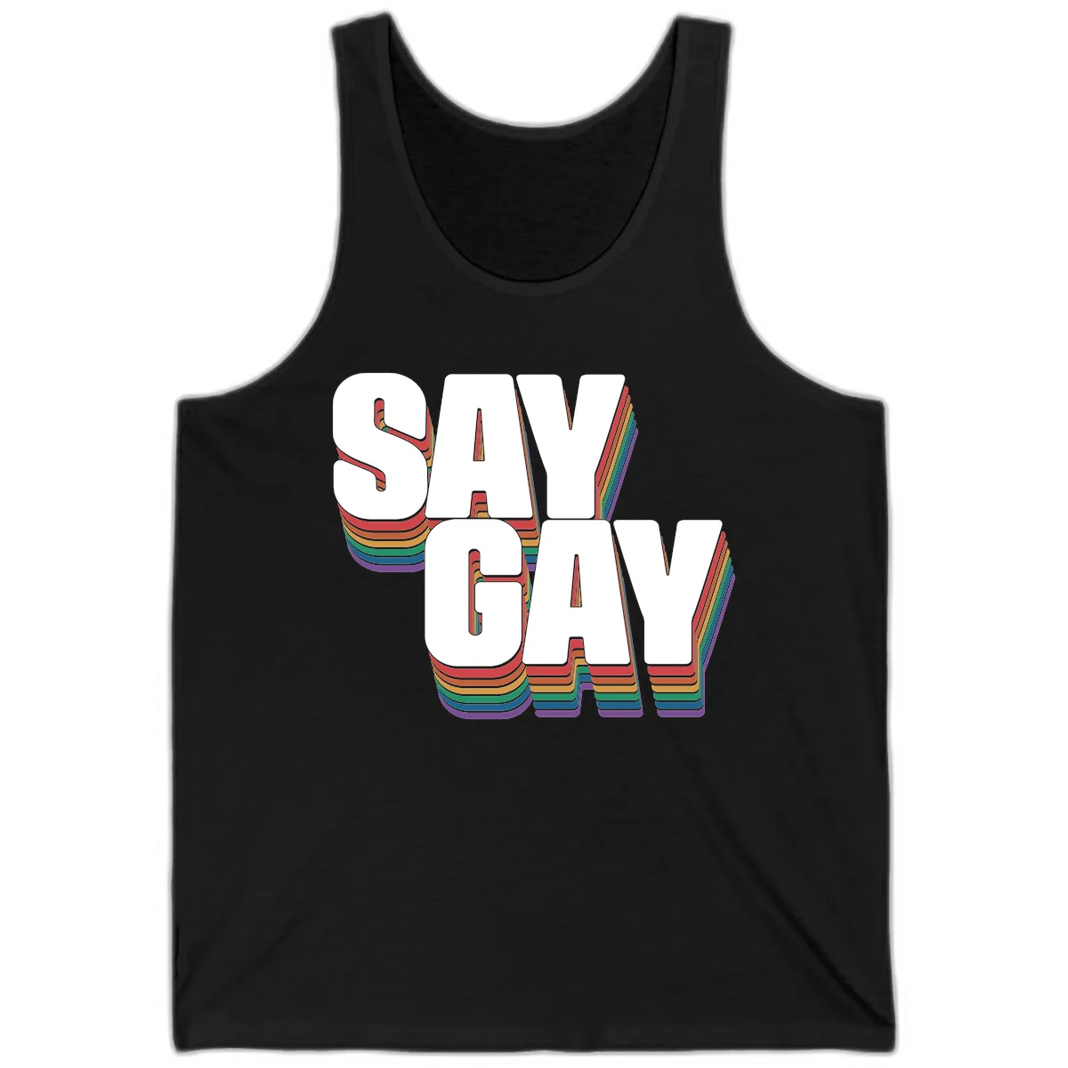 Say Gay Pride Rainbow Typography Tank in Black