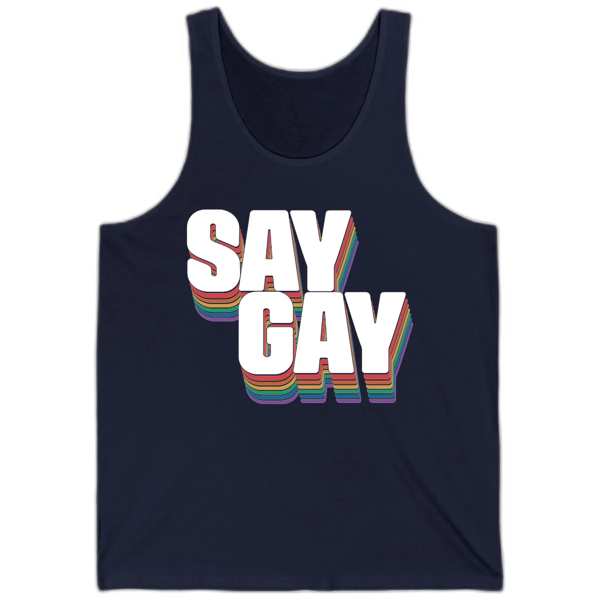 Say Gay Pride Rainbow Typography Tank in Navy