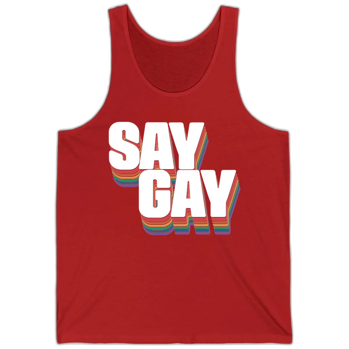 Say Gay Pride Rainbow Typography Tank in Red