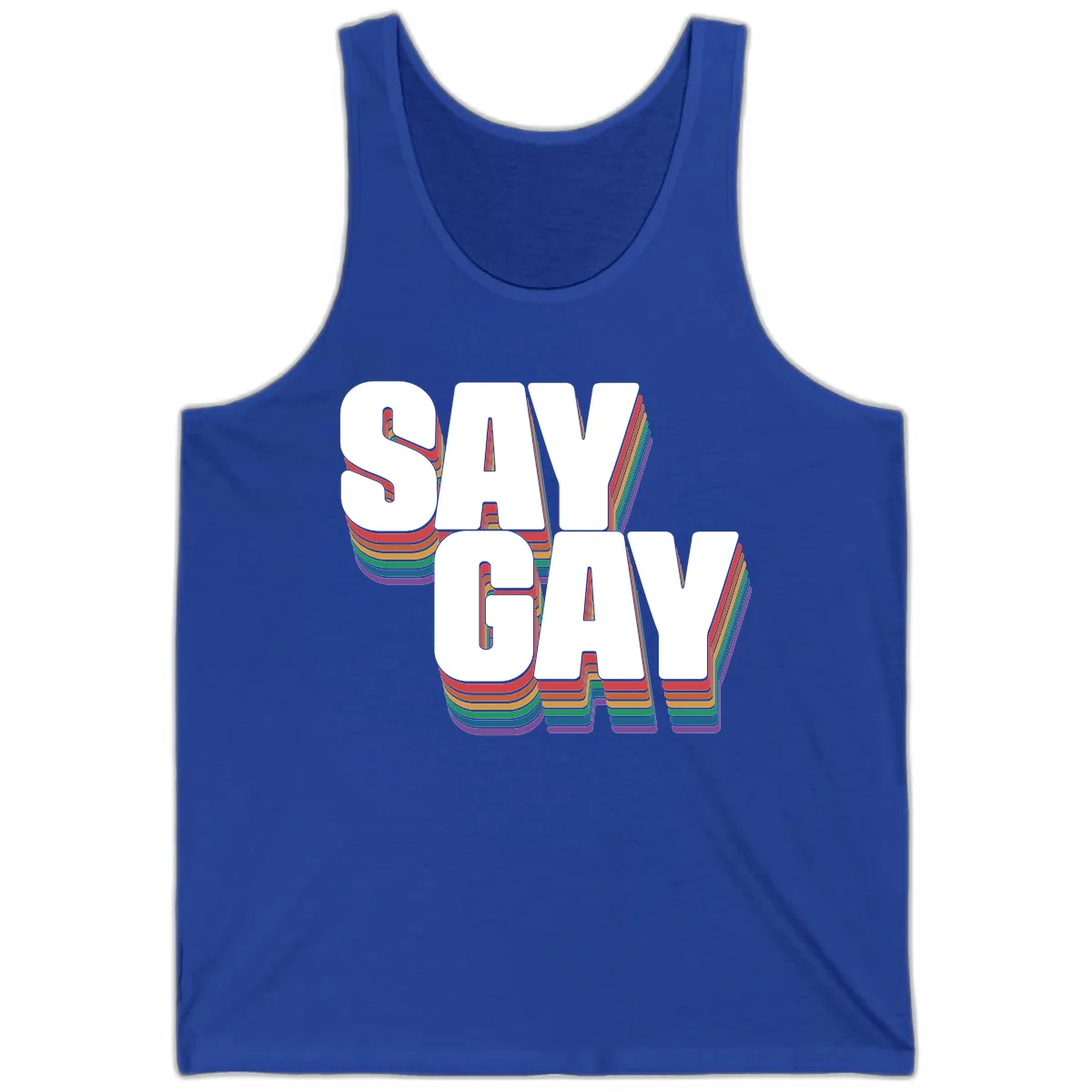 Say Gay Pride Rainbow Typography Tank in True Royal