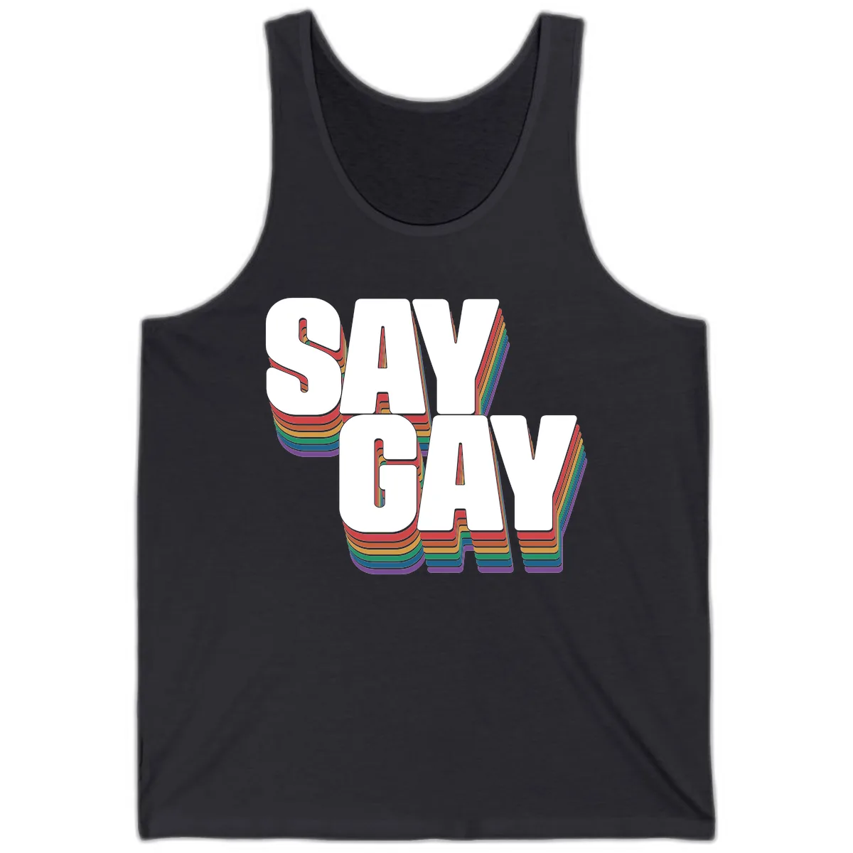 Say Gay Pride Rainbow Typography Tank in Dark Grey