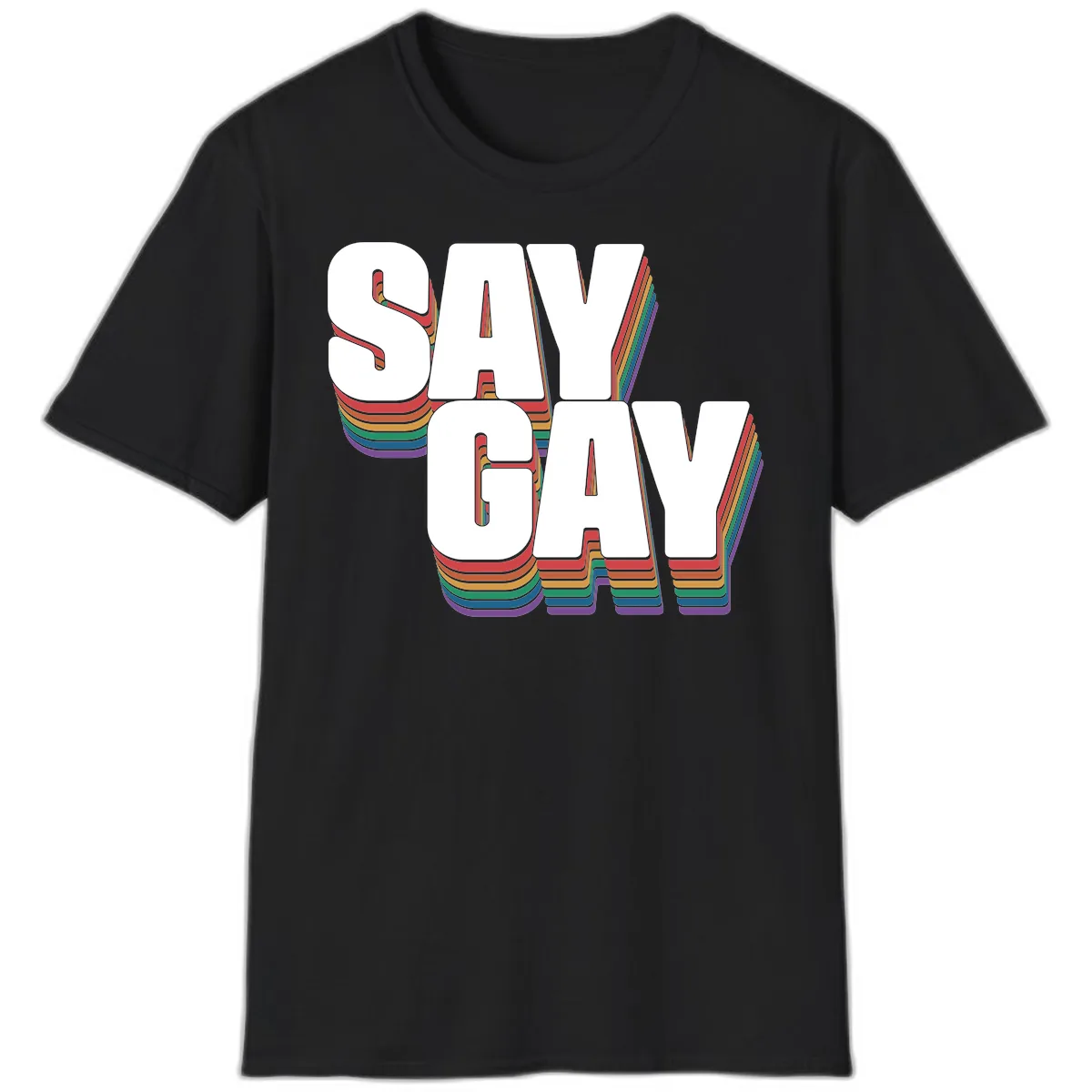 Say Gay Pride Rainbow Typography T-Shirt in Black