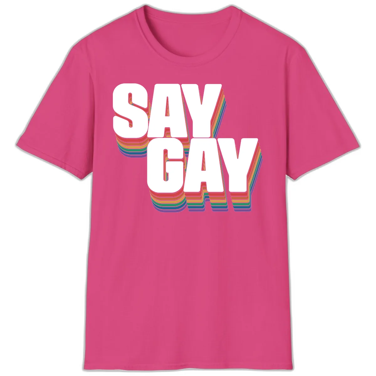 Say Gay Pride Rainbow Typography T-Shirt in Heliconia