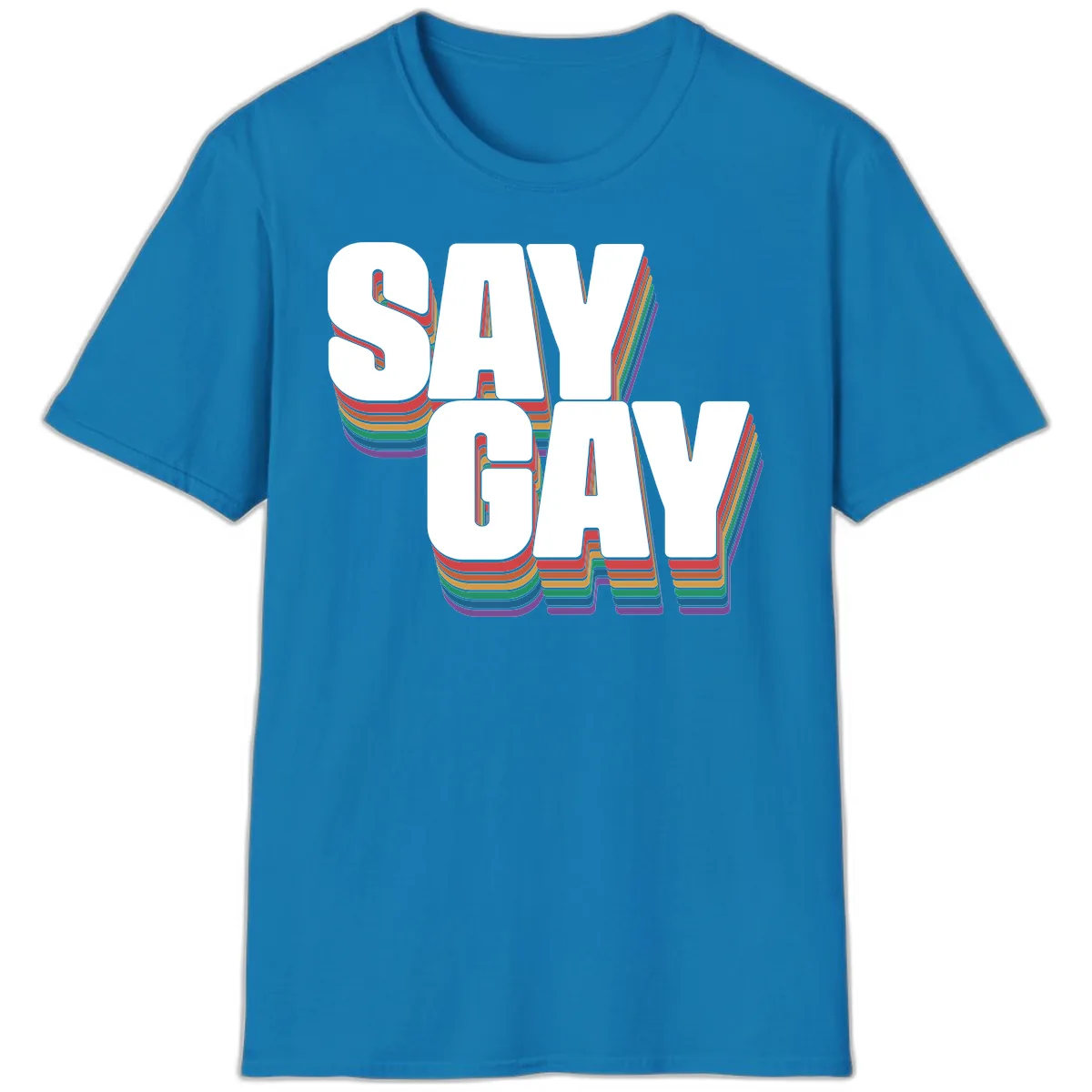 Say Gay Pride Rainbow Typography T-Shirt in Sapphire