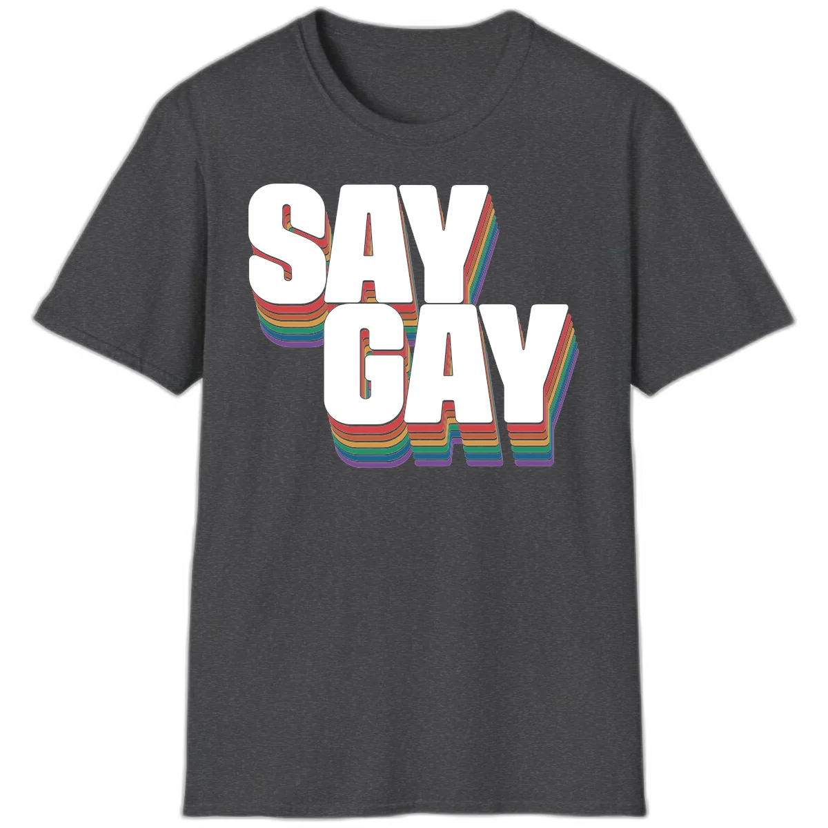 Say Gay Pride Rainbow Typography T-Shirt in Dark Heather