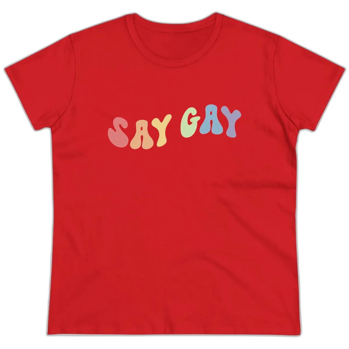 Say Gay Pride Rainbow Letters Ladies Tee in Red