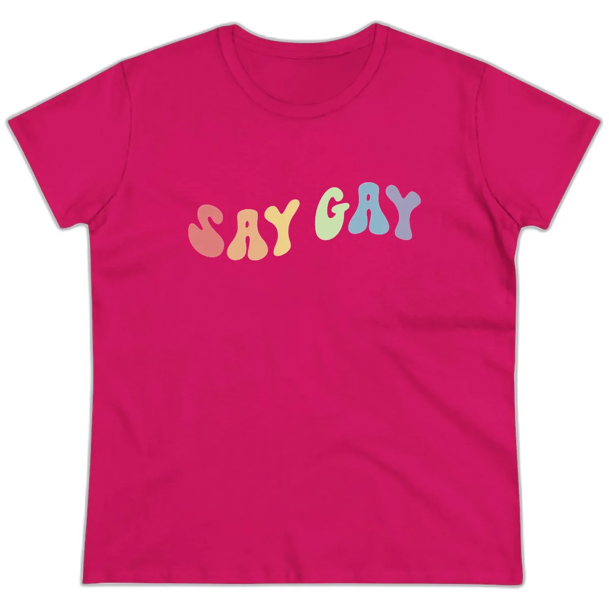 Say Gay Pride Rainbow Letters Ladies Tee in Heliconia