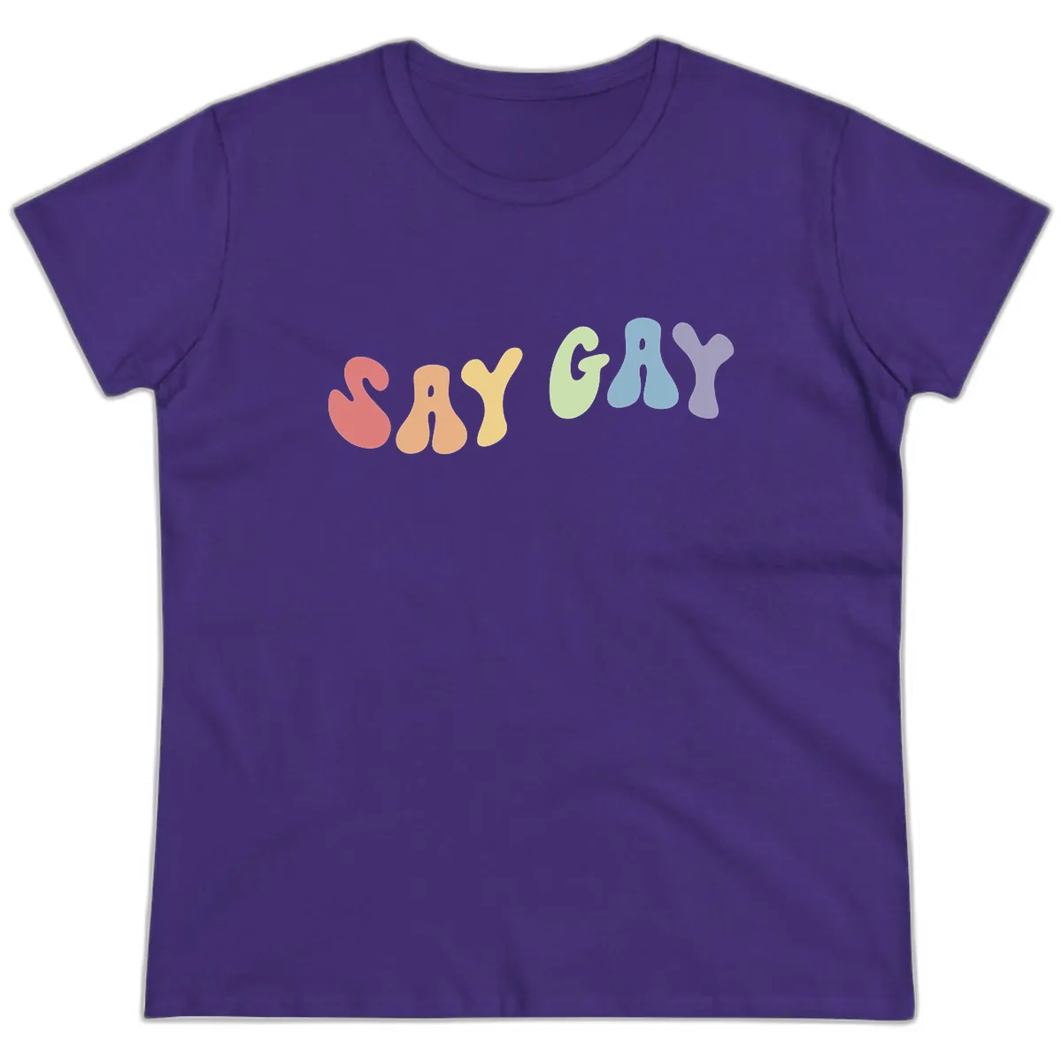 Say Gay Pride Rainbow Letters Ladies Tee in Purple