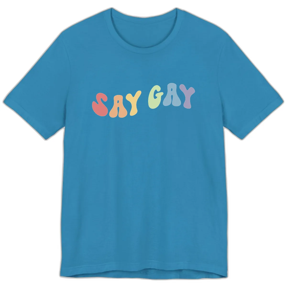 Say Gay Pride Rainbow Letters Premium T-Shirt in Aqua