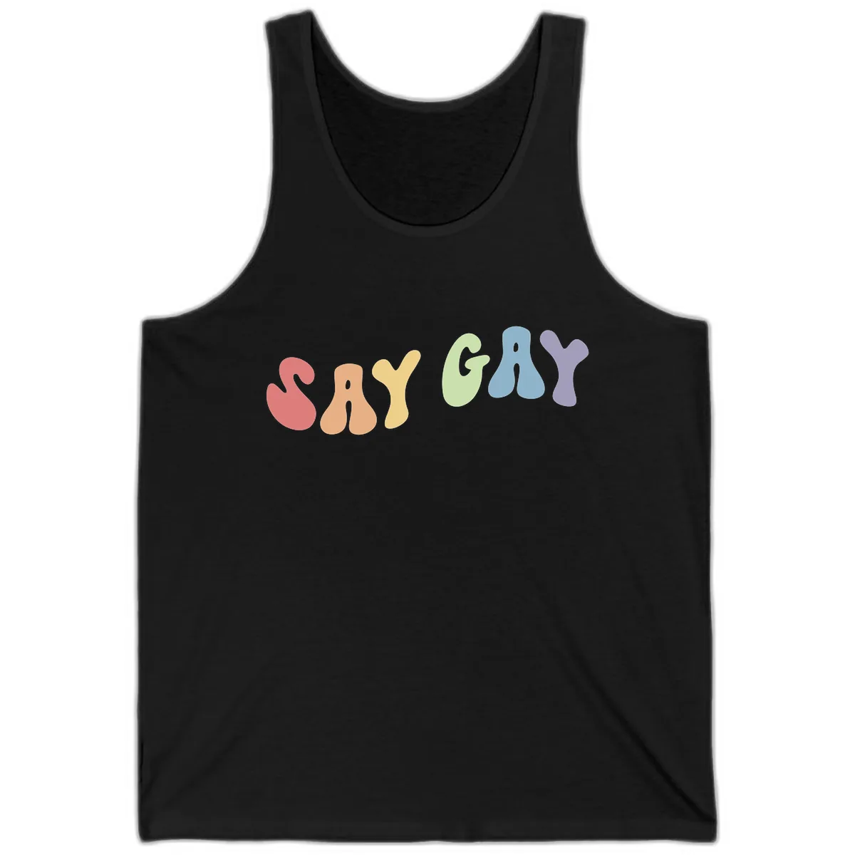 Say Gay Pride Rainbow Letters Tank in Black