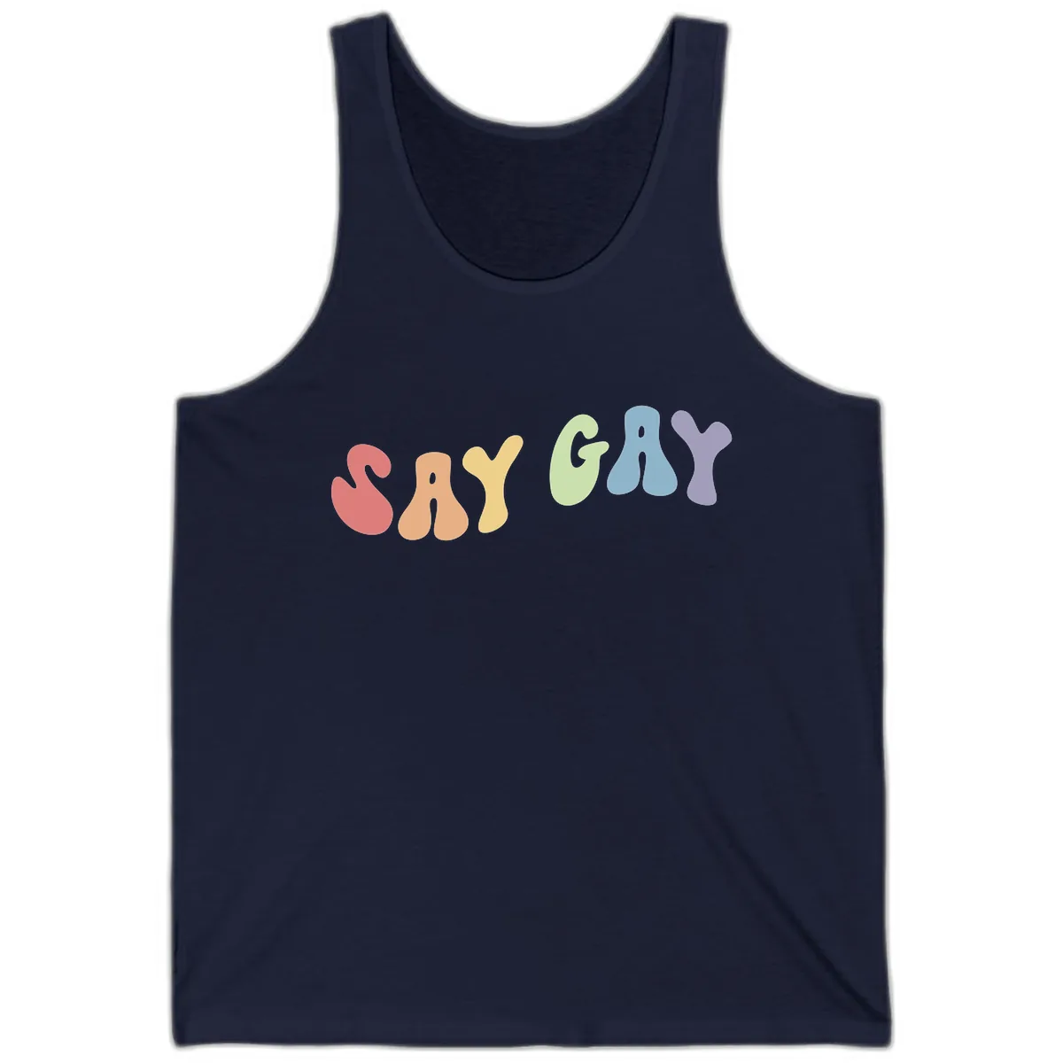 Say Gay Pride Rainbow Letters Tank in Navy