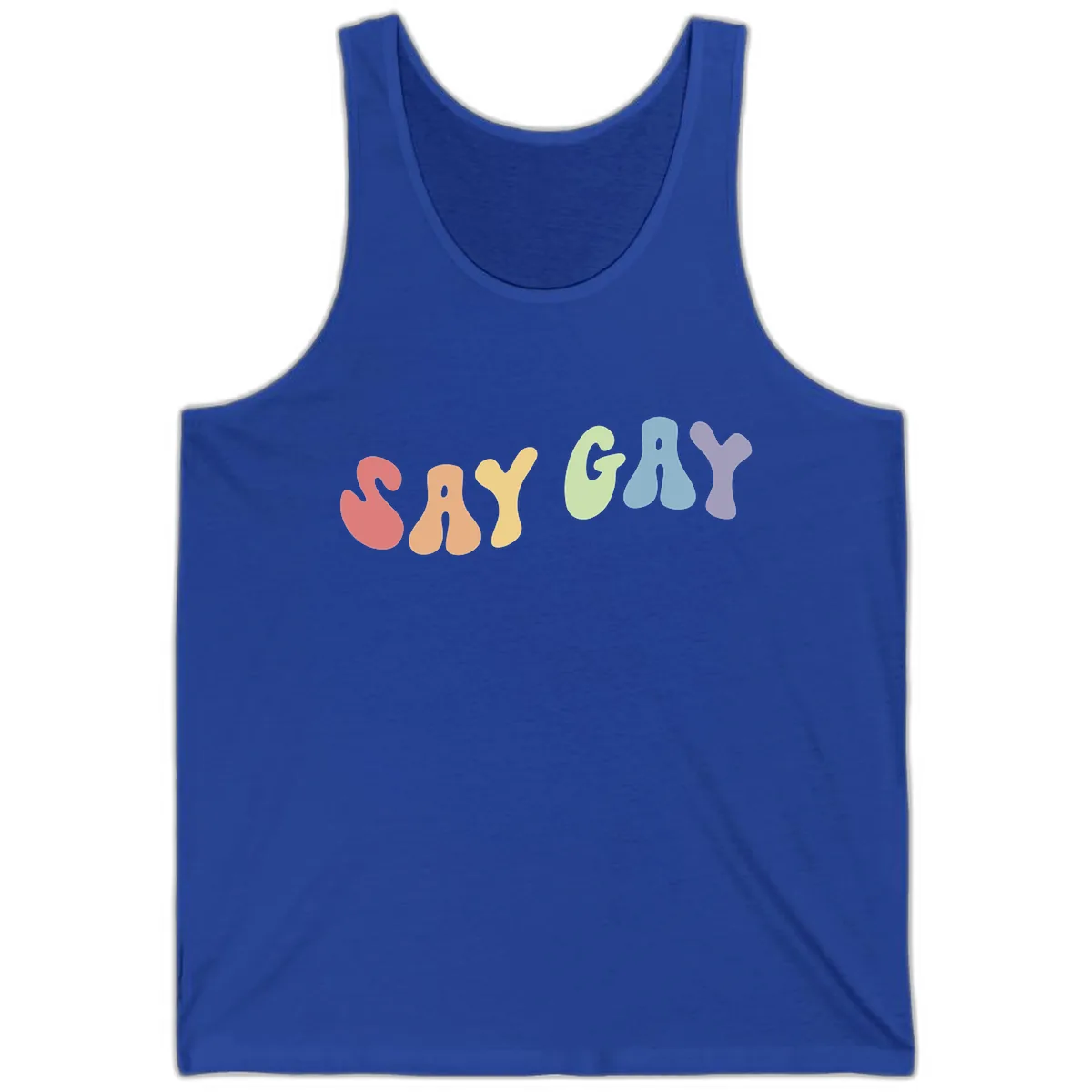 Say Gay Pride Rainbow Letters Tank in True Royal