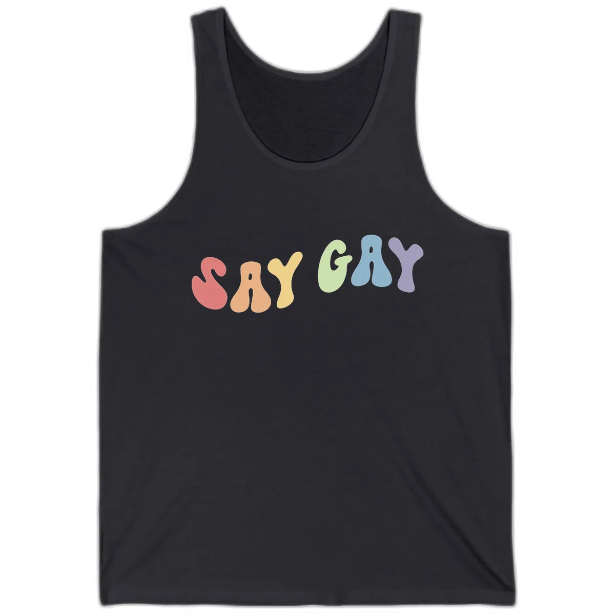 Say Gay Pride Rainbow Letters Tank in Dark Grey
